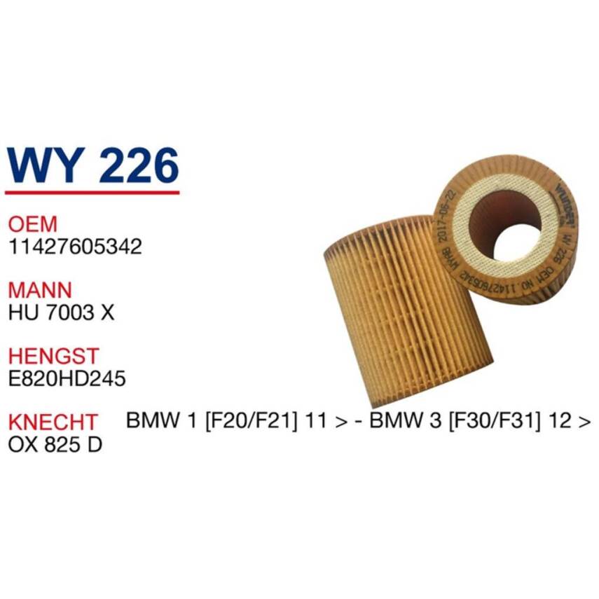 11427605342 Bmw F1 F20 F30 Yağ Filtresi Wunder - 1