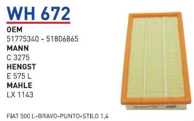 51775340 Fiat 500 L Bravo Stilo Grand Punto 1.4 Hava Filitresi Wunder - WUNDER