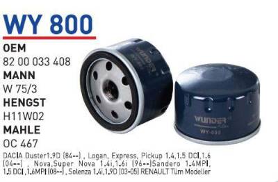 8200033408 Renault Tüm Modeller Yağ Filtresi Wunder - WUNDER